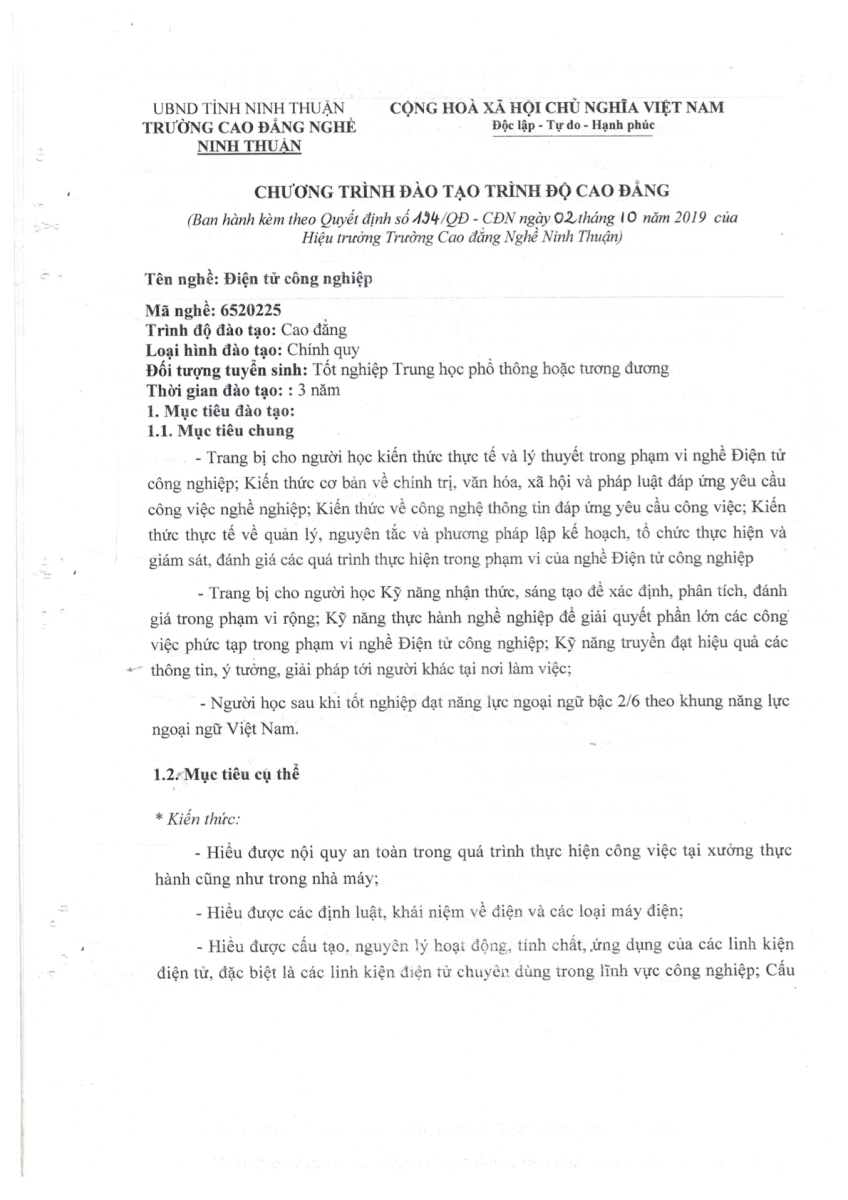 CHƯƠNG TRÌNH ĐÀO TẠO CAO ĐẲNG - ĐIỆN TỬ CÔNG NGHIỆP NĂM 2019