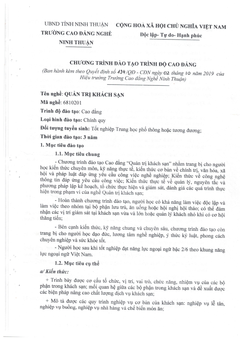 CHƯƠNG TRÌNH ĐÀO TẠO CAO ĐẲNG - QUẢN TRỊ KHÁCH SẠN NĂM 2019