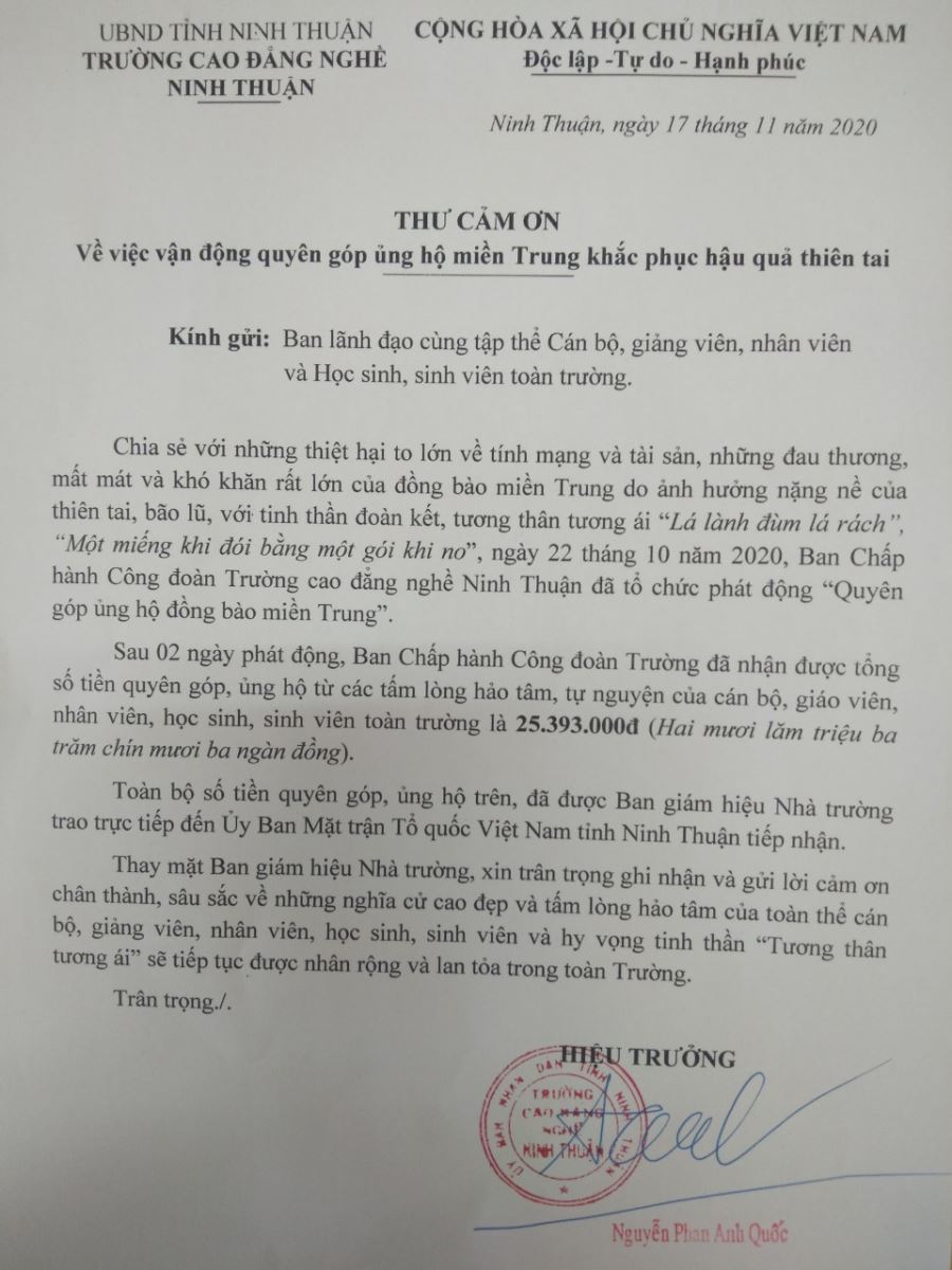 Thư cảm ơn về việc vận động quyên góp ủng hộ miền Trung khắc phục hậu quả thiên tai