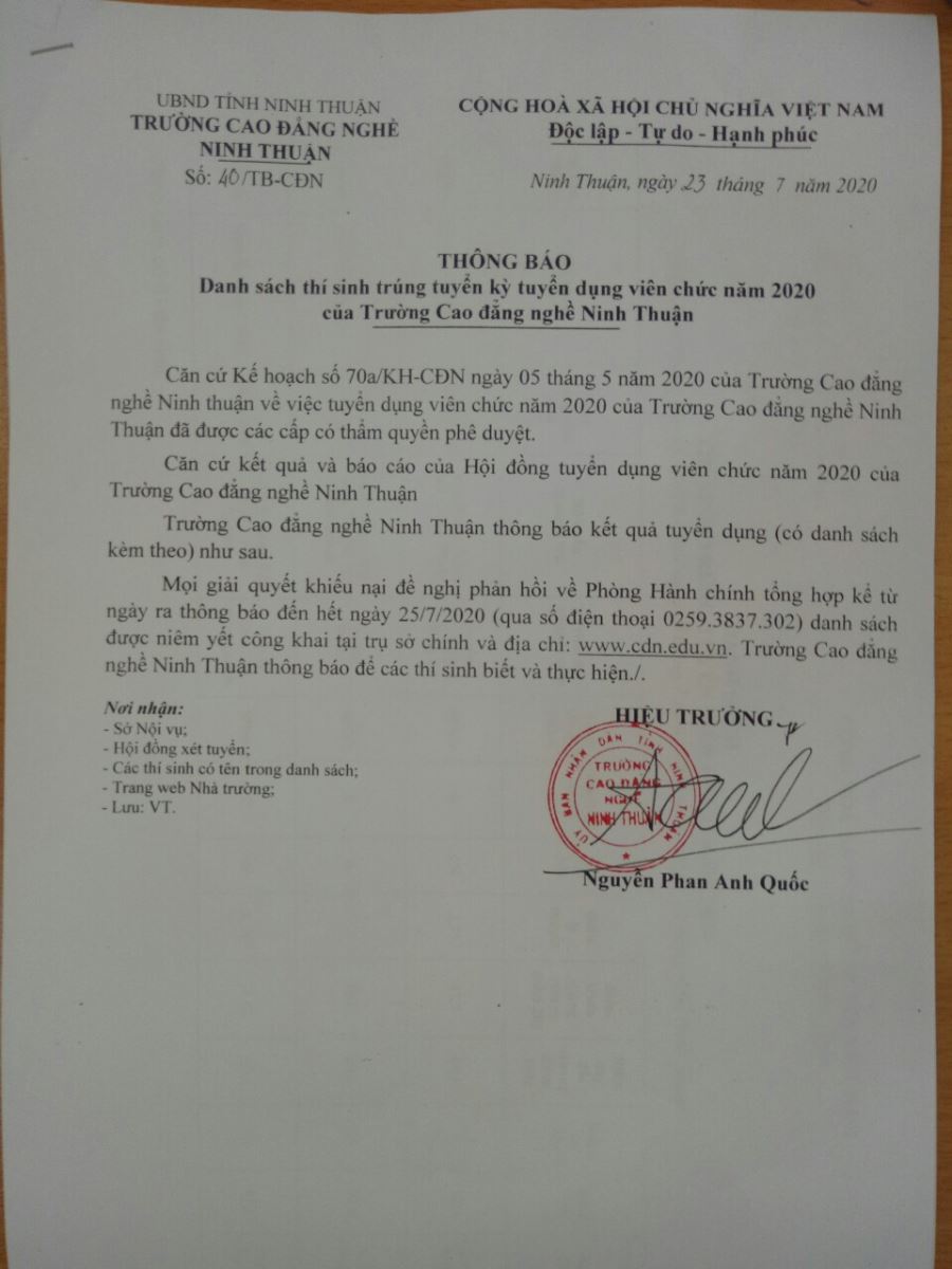 Danh sách thí sinh trúng tuyển kỳ tuyển dụng viên chức 2020