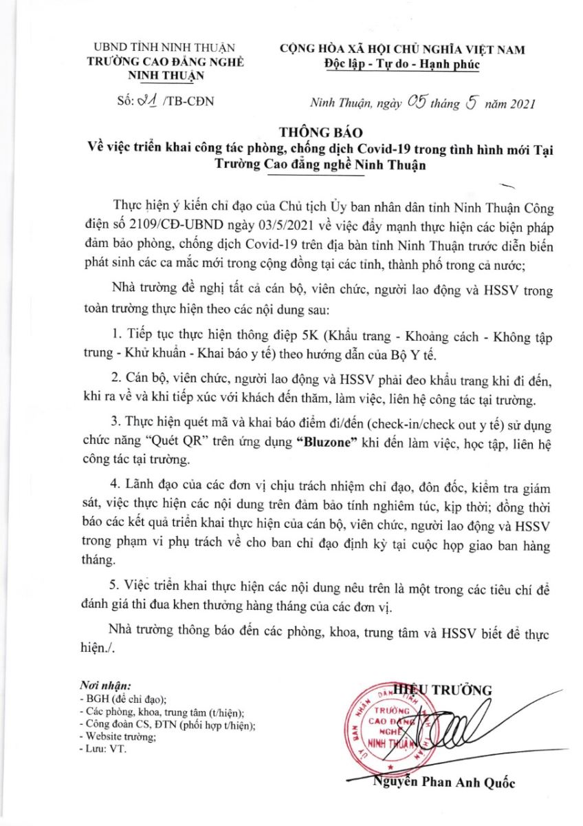 THÔNG BÁO VỀ VIỆC TRIỂN KHAI CÔNG TÁC PHÒNG, CHỐNG DỊCH COVID-19 TRONG TÌNH HÌNH MỚI TẠI TRƯỜNG CAO ĐẲNG NGHỀ NINH THUẬN