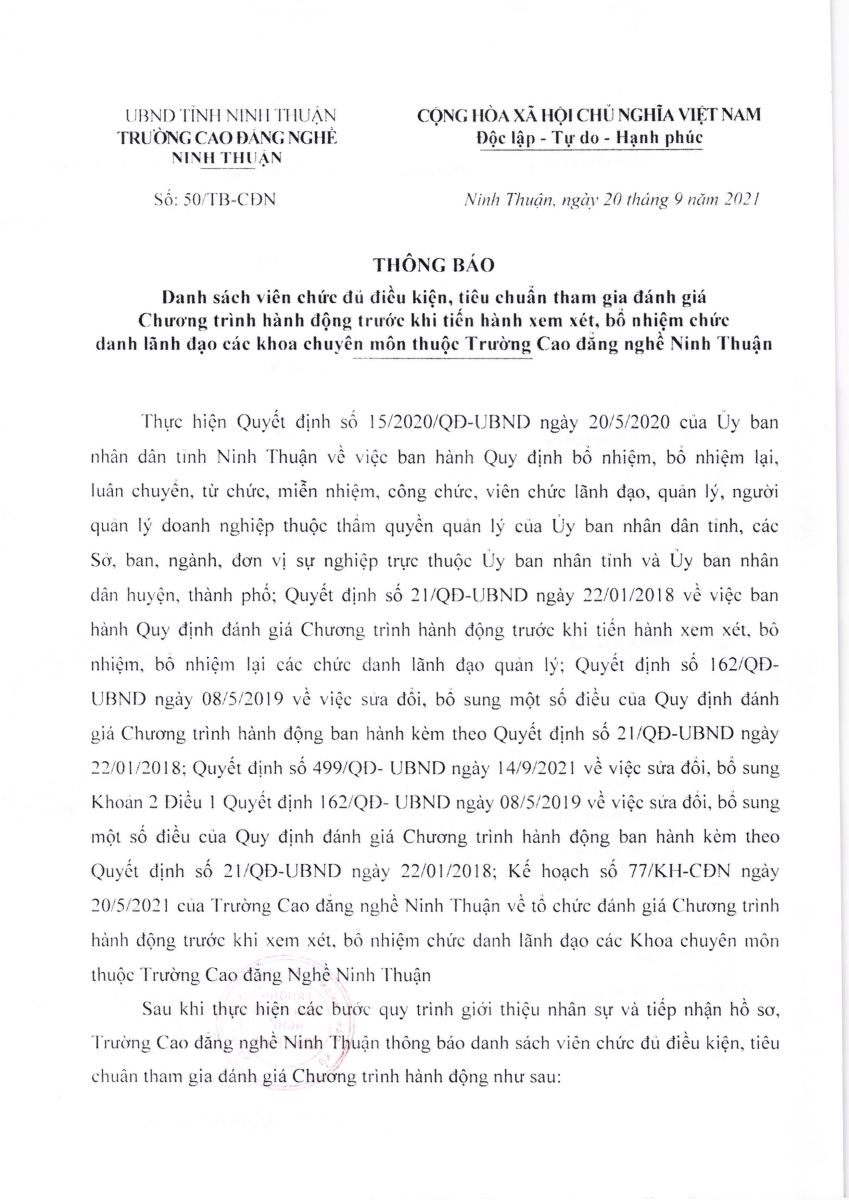 THÔNG BÁO DANH SÁCH VIÊN CHỨC ĐỦ ĐIỀU KIỆN, TIÊU CHUẨN THAM GÍA CHƯƠNG TRÌNH HÀNH ĐỘNG TRƯỚC KHI TIẾN HÀNH XEM XÉT, BỔ NHIỆM CHỨC DANH LÃNH ĐẠO CÁC KHOA CHUYÊN MÔN THUỘC TRƯỜNG CAO ĐẲNG NGHỀ NINH THUẬN
