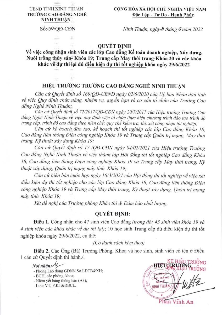 QUYẾT ĐINH VỀ VIỆC CÔNG NHÂN SINH VIÊN CÁC LỚP CAO ĐẲNG KẾ TOÁN DOANH NGHIỆP, XÂY DỰNG, NUÔI TRỒNG THUỶ SẢN - KHOÁ 19; TRUNG CẤP MAY THỜI TRANG - KHOÁ 20 VÀ CÁC KHOÁ KHÁC VỀ DỰ THI LẠI ĐỦ ĐIỀU KIỆN DỰ THI TỐT NGHIỆP KHOÁ NGÀY 29/6/2022