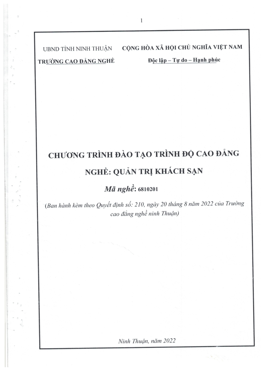 Chương trình đào tạo nghề Quản trị khách sạn Khóa 22