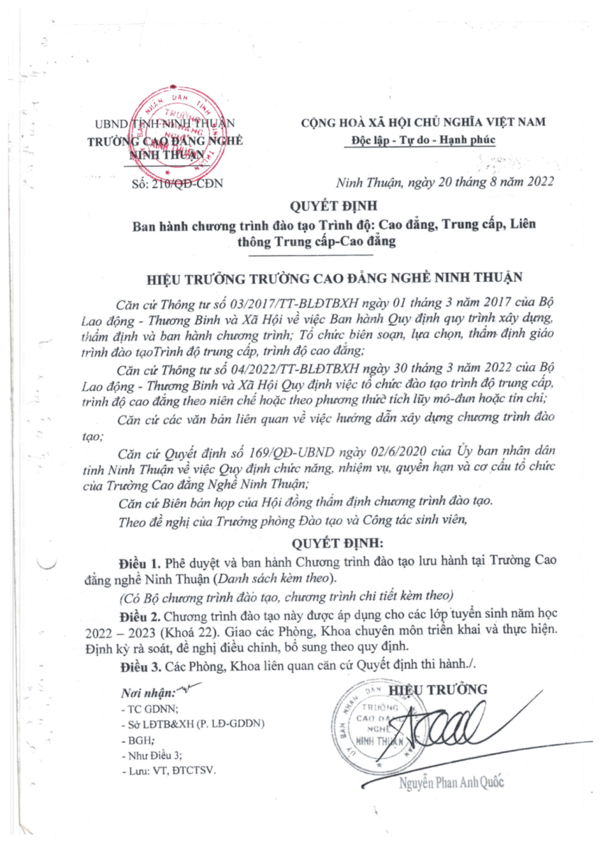 Quyết định ban hành Chương trình đào tạo Khóa 22