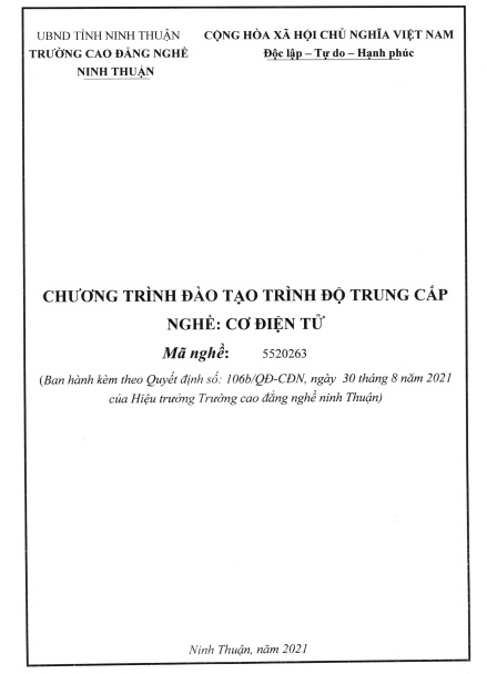 CHƯƠNG TRÌNH ĐÀO TẠO TRÌNH ĐỘ TRUNG CẤP - NGHỀ CƠ ĐIỆN TỬ NĂM 2021