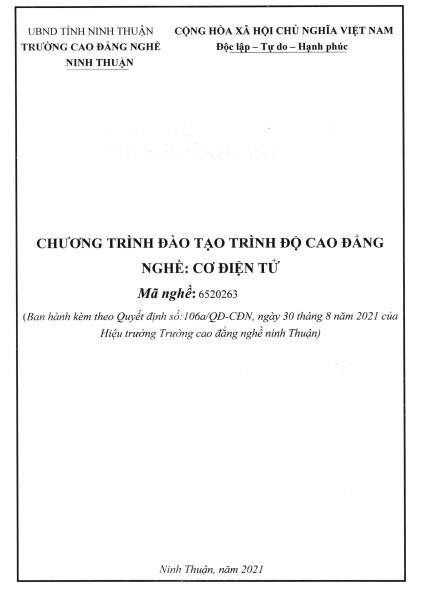 CHƯƠNG TRÌNH ĐÀO TẠO TRÌNH ĐỘ CAO ĐẲNG - NGHỀ CƠ ĐIỆN TỬ NĂM 2021