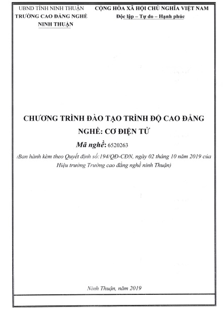 CHƯƠNG TRÌNH ĐÀO TẠO TRÌNH ĐỘ CAO ĐẲNG - NGHỀ CƠ ĐIỆN TỬ NĂM 2019