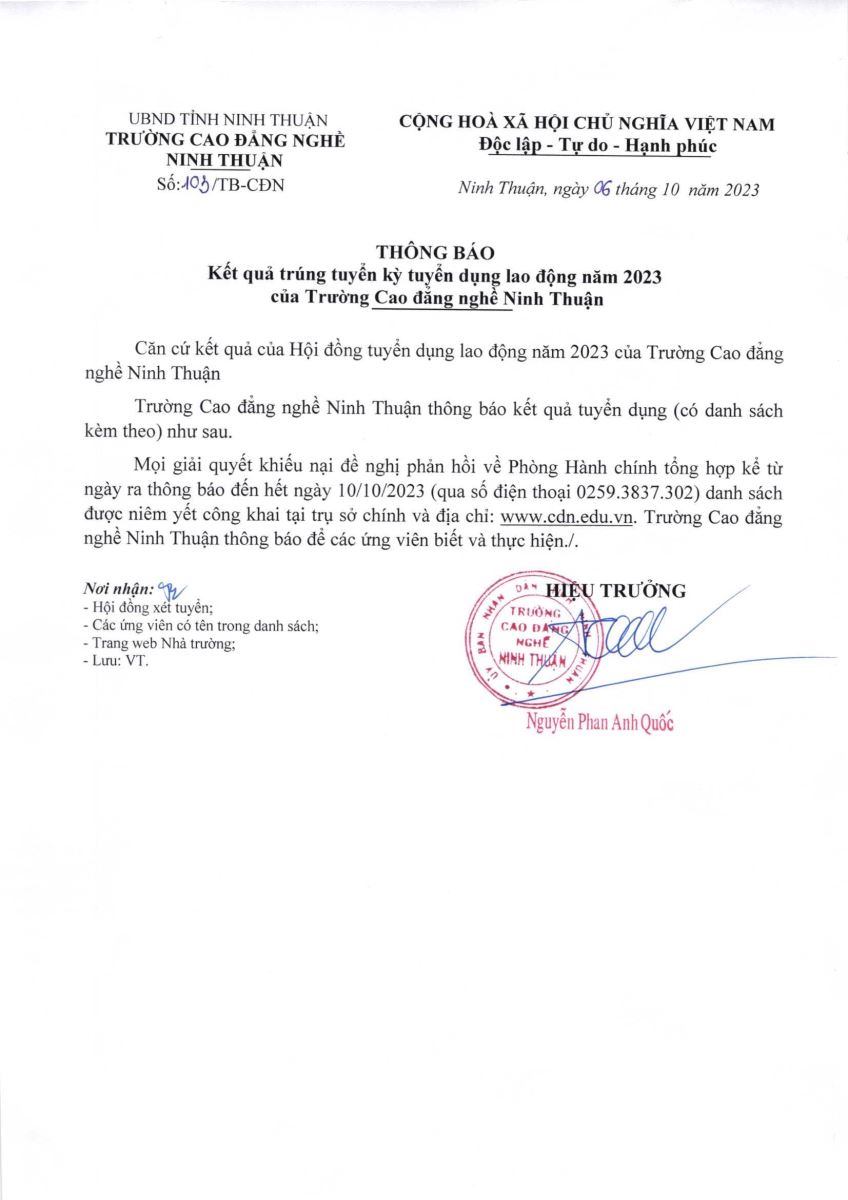THÔNG BÁO KẾT QUẢ TRÚNG TUYỂN KỲ TUYỂN DỤNG LAO ĐỘNG NĂM 2023 CỦA TRƯỜNG CAO ĐẲNG NGHỀ NINH THUẬN