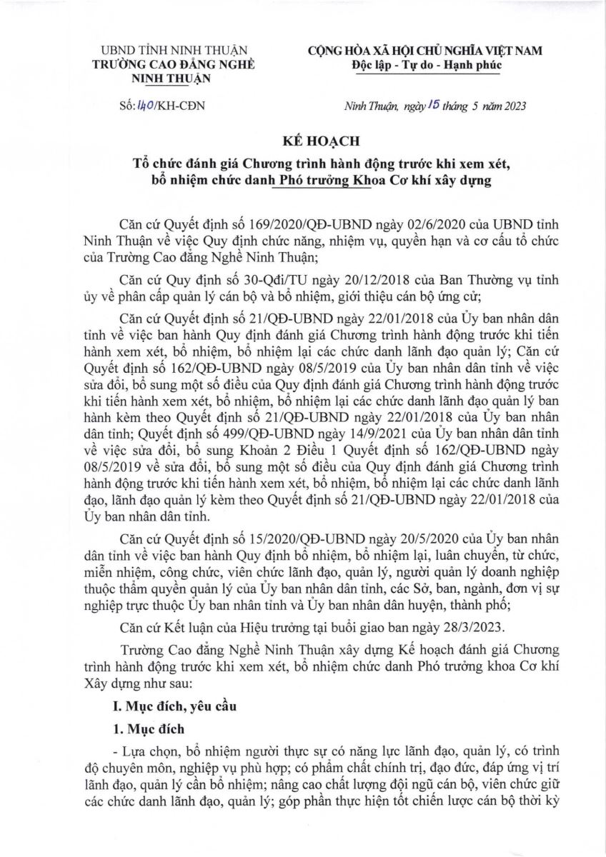 Kế hoạch tổ chức đánh giá chương trình hành động trước khi xem xét, bổ nhiệm chức danh phó trưởng khoa cơ khí xây dựng