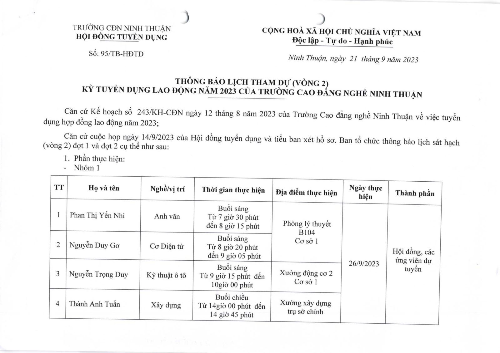 THÔNG BÁO LỊCH THAM DỰ (VÒNG 2) KỲ TUYỂN DỤNG LAO ĐỘNG NĂM 2023 CỦA TRƯỜNG CAO ĐẲNG NGHỀ NINH THUẬN