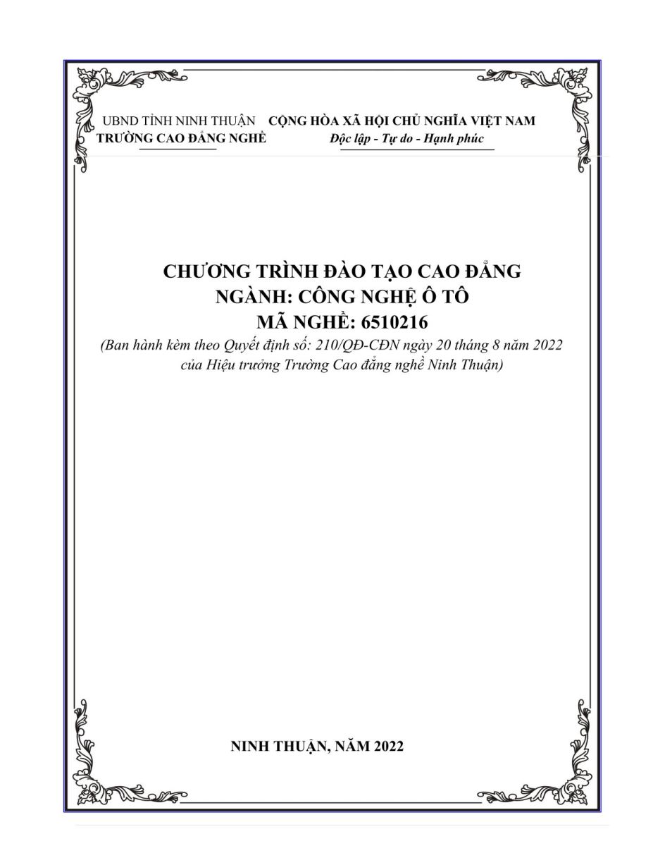 Chương trình đào tạo Trình độ Cao đẳng nghề Công nghệ Ô Tô Năm 2022