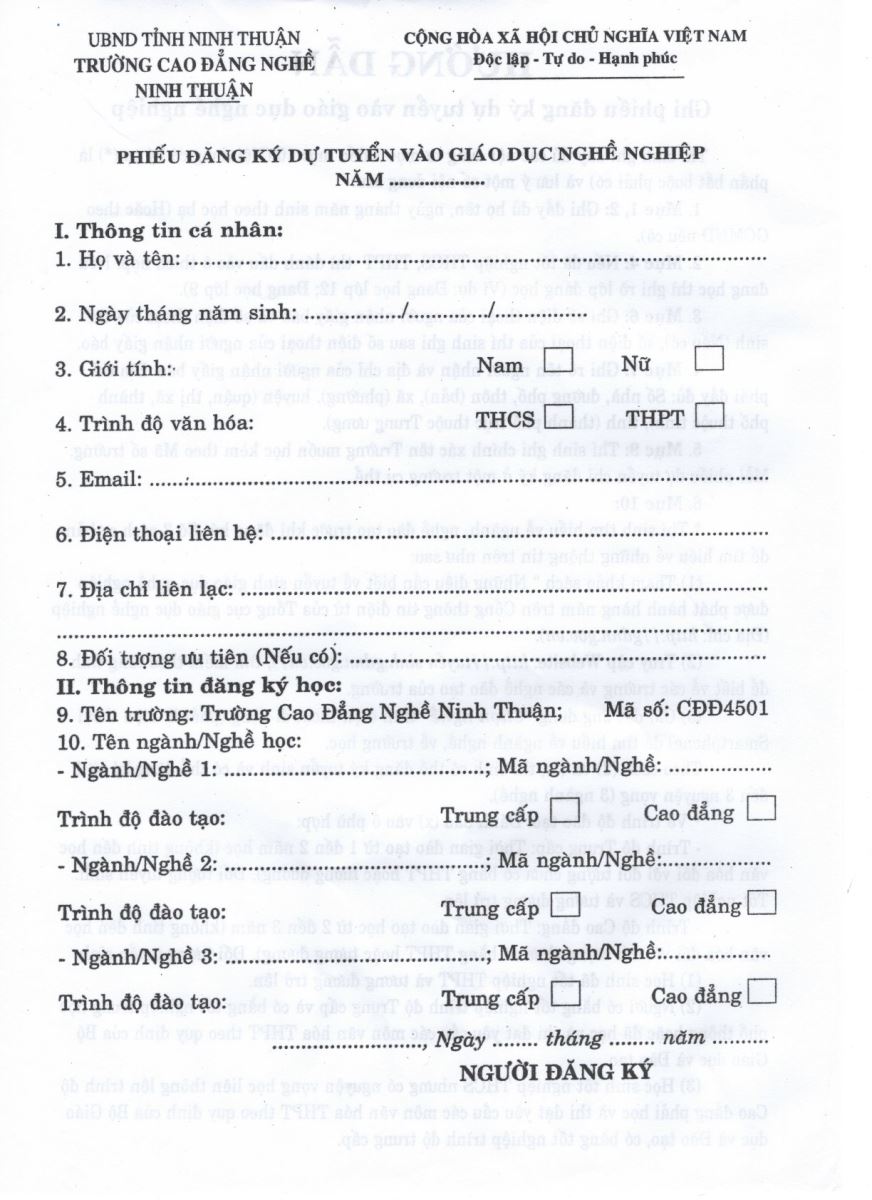 Phiếu Đăng ký dự tuyển - Sơ yếu lý lịch