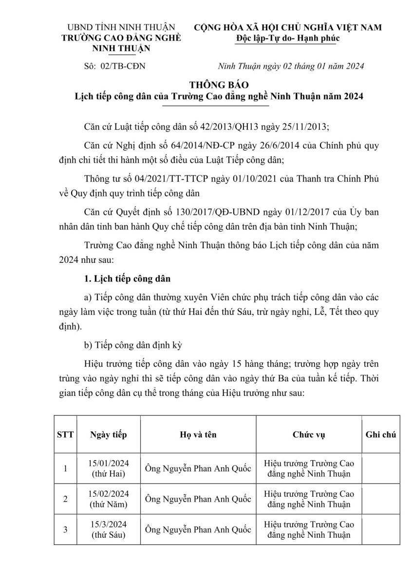 Lịch tiếp Công dân Trường Cao đẳng nghề Ninh Thuận