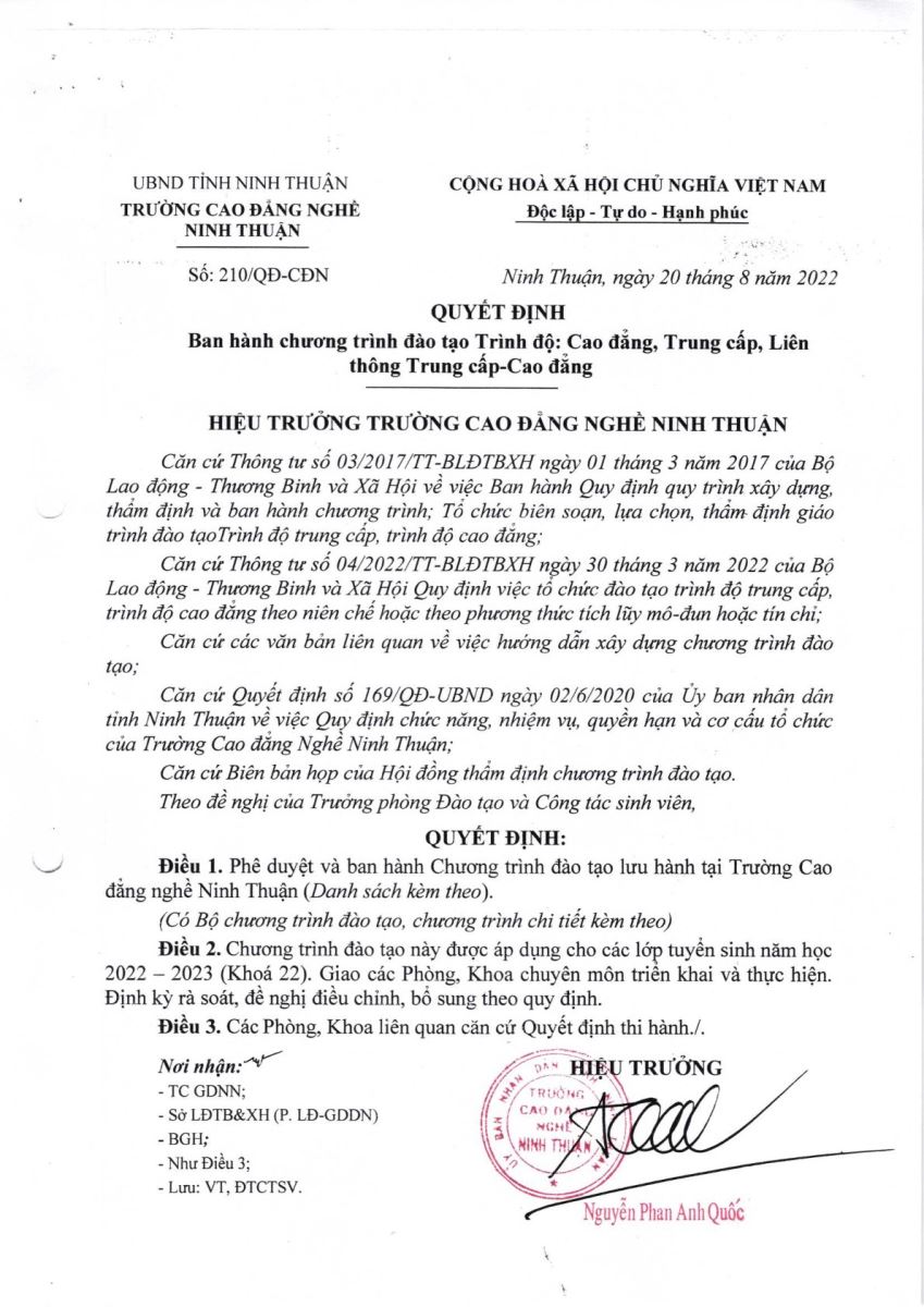 Quyết định ban hành Chương trình Đào tạo năm 2022