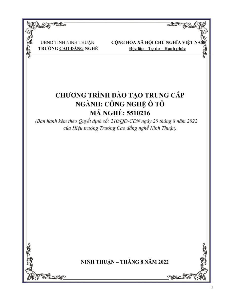 Chương trình đào tạo Trình độ Trung cấp nghề Công nghệ Ô Tô Năm 2022