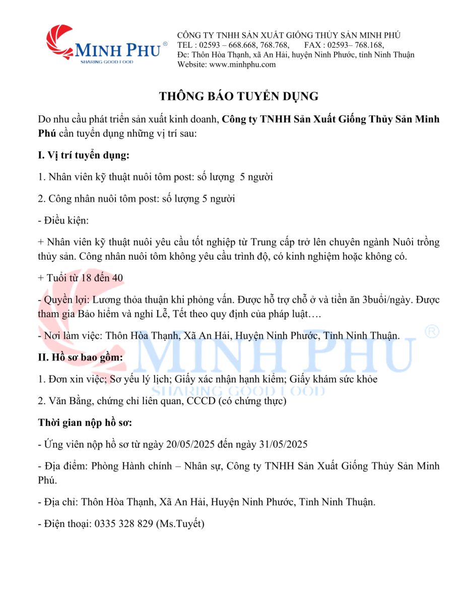 Công ty TNHH giống thủy sản Minh Phú tuyển dụng